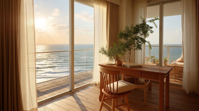 Fototapeta A room with a table and chairs in front of a large window overlooking the ocean