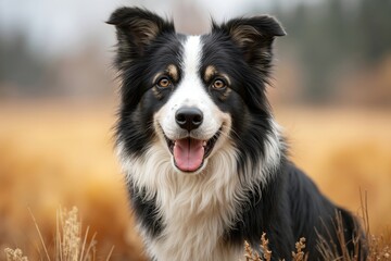 Fototapeta premium A black and white dog sitting in a field of tall grass