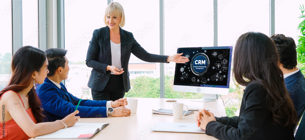 Poster customer relationship management system on modish computer for crm business and enterprise