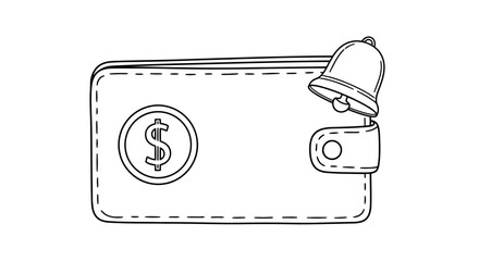 Vector art of a handdrawn illustration of a wallet with a dollar coin and a notification bell