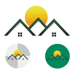 Logo three roofs of the house on the background of the sun. Logo of the cottage village, private house, construction.