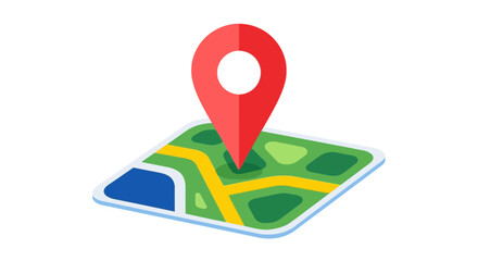 Vector art of a red location pin is placed on a stylized map, indicating a specific point of interest or destination for navigation