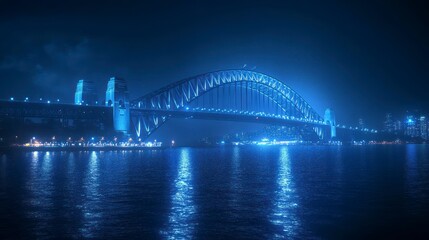 Naklejka premium Blue-lit harbor bridge at night, reflecting on calm water.