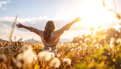 Woman in field, arms outstretched, golden hour