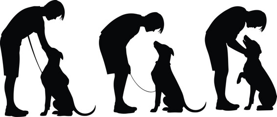Silhouettes of person with dog, pet interaction, leash holding, bonding moment, black white art, affection, training, companionship, love