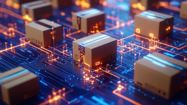Cardboard boxes on a circuit board, representing e-commerce logistics and digital supply chain.