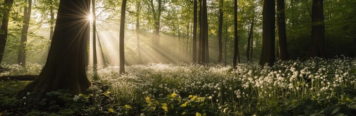 The green forest, set against the vibrant backdrop of a summer sunrise, boasts a stunning panorama of a secluded glade where the warm rays of the sun dance across a sprawling sea of ramsons, while