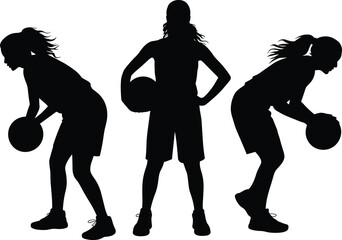 Silhouettes of three basketball players in standing and dynamic poses with ball, sporty lifestyle concept, black vector on white background