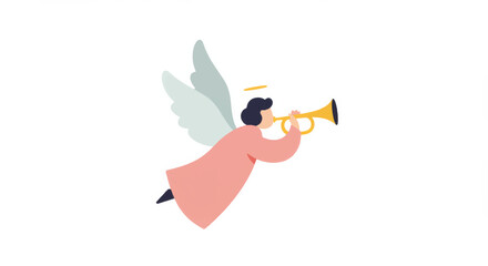 Winged angel playing trumpet for joyful celebration and heavenly themes