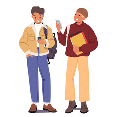 Teenage students cartoon classmates characters using smartphone standing together isolated on white