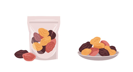 Dried fruit mix composition in packaging and bowl for healthy snacks and culinary use