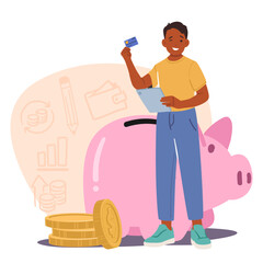 Teenage boy cartoon character studying financial literacy and understanding savings opportunity