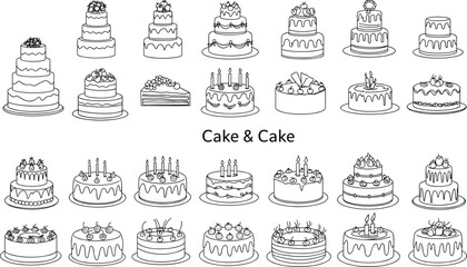 A set of black and white vector drawings of various cakes, including tiered cakes and birthday cakes, perfect for design elements or coloring pages.