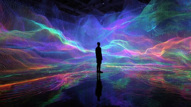Silhouetted figure gazes at vibrant, undulating neon light formations in a reflective space