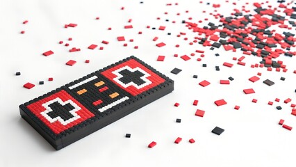 Pixel art game controller with red and black confetti isolated on white background