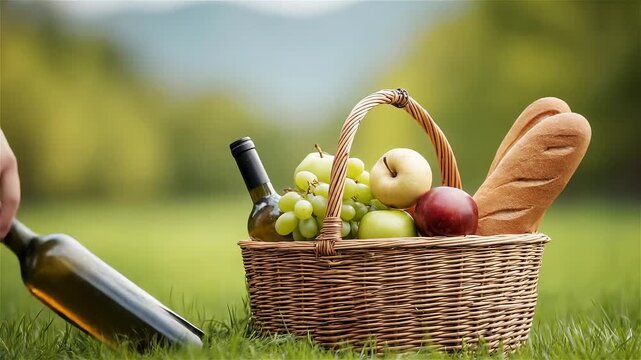 Enjoying a blissful picnic in the lush greenery with a delightful basket filled with fresh fruits and beverages