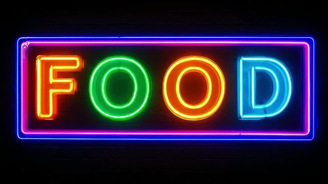 Illuminated food sign glowing in vibrant colors at night inviting hungry diners to indulge in delicious culinary delights