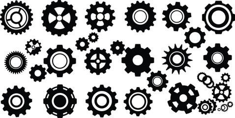 A large set of black gear icons, including various shapes, sizes, and designs, perfect for mechanical, industrial, or teamwork concepts, vector isolated .