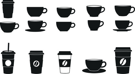 A collection of black silhouette coffee cups and mugs, including paper cups with lids, for cafe and beverage designs, vector illustration set.