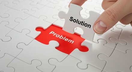 Hand placing the final puzzle piece labeled solution to solve the problem