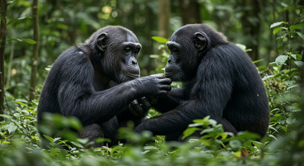 Fototapeta premium Photograph two chimpanzees engaging in grooming behavior in a jungle setting. Focus on social bonding, gentle interaction, and expressions of trust and care.