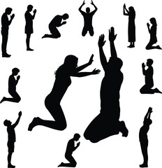 Silhouettes of worship and prayer poses, spiritual expression, religious devotion, raised hands, kneeling figures, black white art, faith diversity