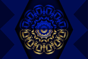 Vibrant blue and gold concentric circles mandala digital pattern
