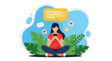 Flat illustration of a woman sits crosslegged, engrossed in her smartphone, surrounded by social media icons and messages