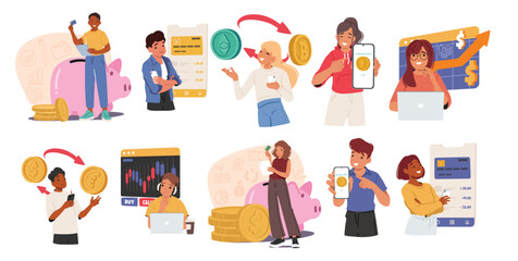 Financial literacy education for teenagers cartoon scene set with happy smart children characters