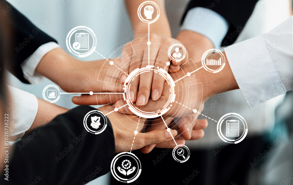 Poster a powerful representation of teamwork and collaboration in a business environment, featuring hands j