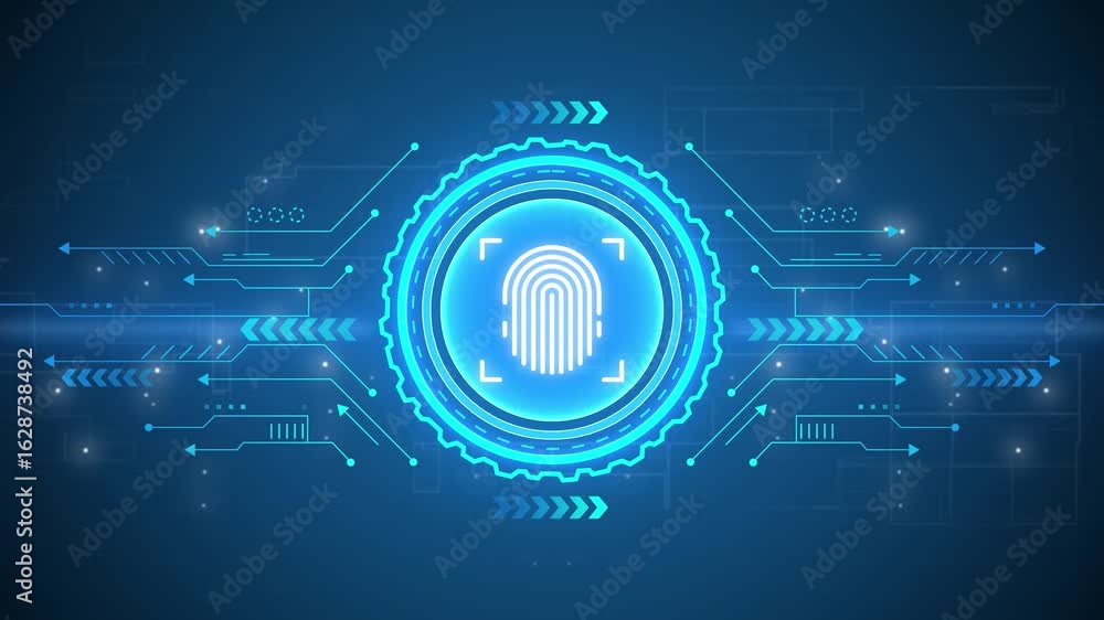 Poster futuristic fingerprint biometric scanner for identification and recognition. a glowing fingerprint i