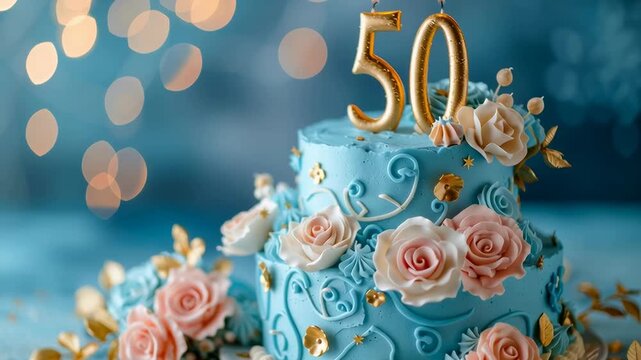 Elegant blue cake with roses and candles, perfect for a 50th anniversary celebration.