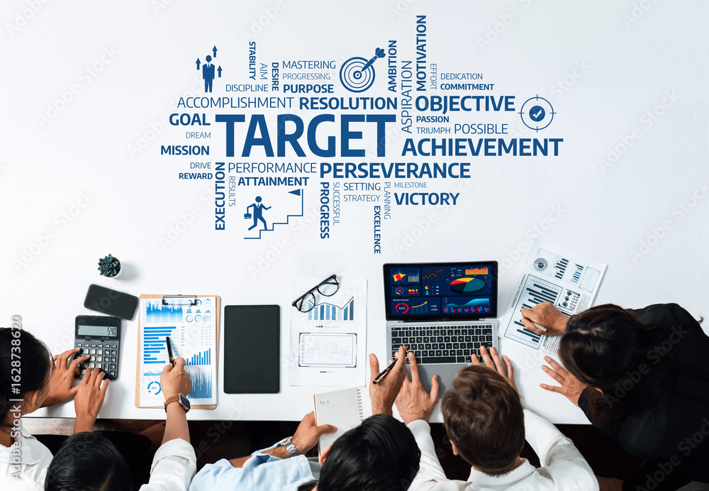 Poster a diverse group of professionals is collaborating in a modern workspace, focusing on achieving targe