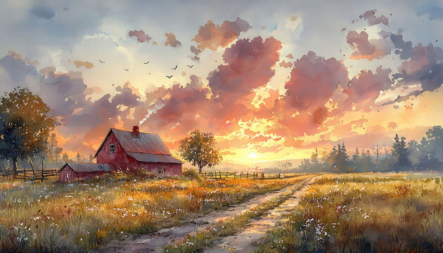 Watercolor painting of a red barn at sunset with a dirt road and a field of wildflowers near trees