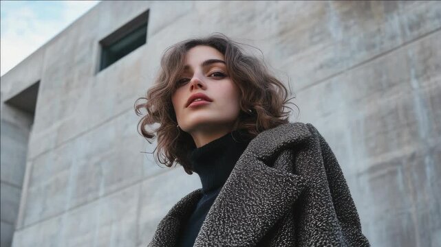 Young woman in a trendy sweater, posing in an urban setting with her head tilted and eyes looking off to the side.