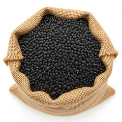 Top view of black urad dal in large burlap sack isolated on white