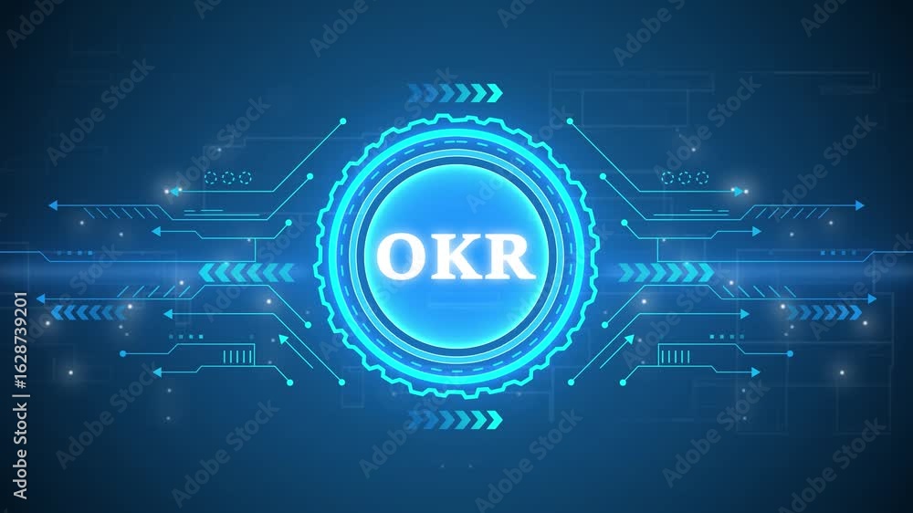 Aufkleber okr objectives key results. business, technology, internet and network concept. map background. tech