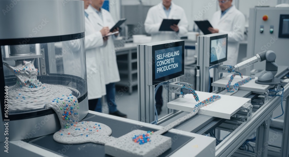 Poster laboratory environment showcasing pilotscale mixer line producing selfhealing concrete with embedded