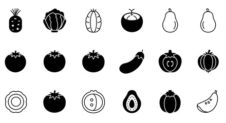 Black, white vector outlines show veggies and fruit. Minimalist, clean food icons for nutrition infographics, menu design, and food-related branding.