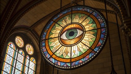 Obraz premium Anatomical eye formed from stained glass — each component crafted from realistic, colored glass panes suspended midair