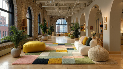 Modern neurodivergent coworking space with pastel zoning and lounge seating