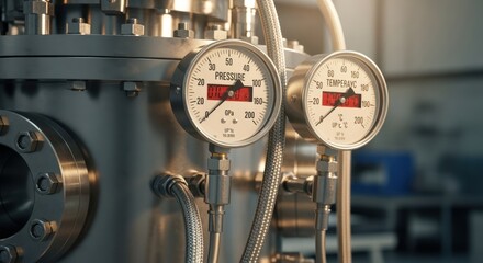 Scientific instruments measuring pressure and temperature on ultrahighpressure diamond synthesis vessel encased in reinforced steel housing.
