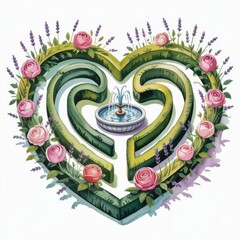 Fototapeta premium Intricate Watercolor Maze Design Featuring a Heart Shape and a Central Fountain Adorned With Roses