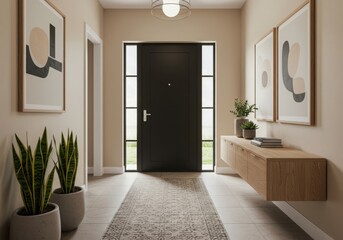 Fototapeta premium Modern foyer with dark door and abstract art creates a welcoming entryway