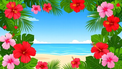 Tropical Beach Paradise with Vibrant Hibiscus Flowers and Palm Leaves on a Sunny Day