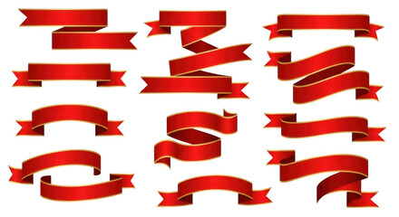 Collection of red and gold decorative ribbon banners on transparent background