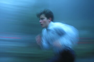 Young Asian Man Running with Dynamic Motion Blur in a Nighttime Setting
