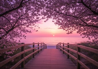 Serene wooden boardwalk through blooming cherry trees towards a pink sunset over the ocean