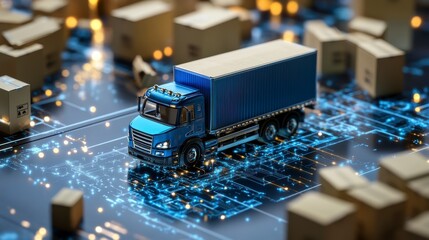 Miniature truck on digital circuit board surrounded by cardboard boxes, representing efficient logistics and delivery.