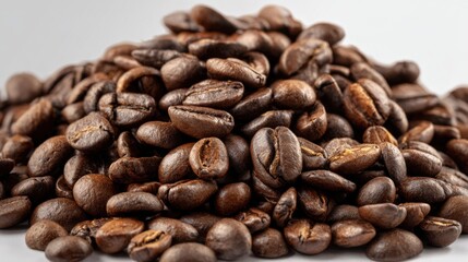 Fototapeta premium Dark roasted coffee beans are arranged in a large pile, revealing their glossy surface and varied shapes under soft lighting. This close-up captures the essence of rich coffee flavor.